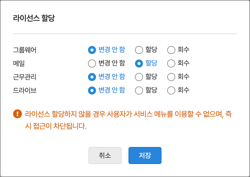 그룹웨어는 변경 안 함, 메일은 할당으로 선택된 라이선스 모달